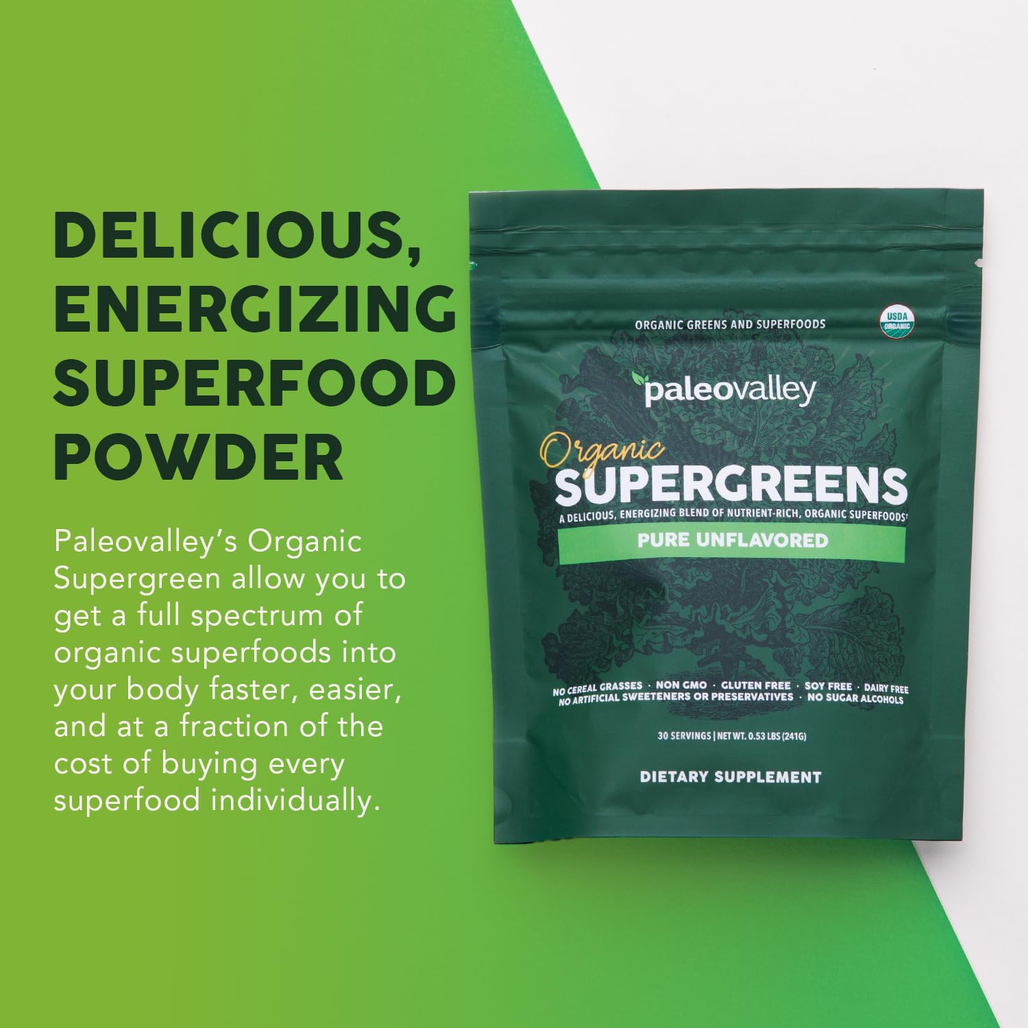 Paleovalley Organic Supergreens bottle label highlights organic, dairy-free ingredients.