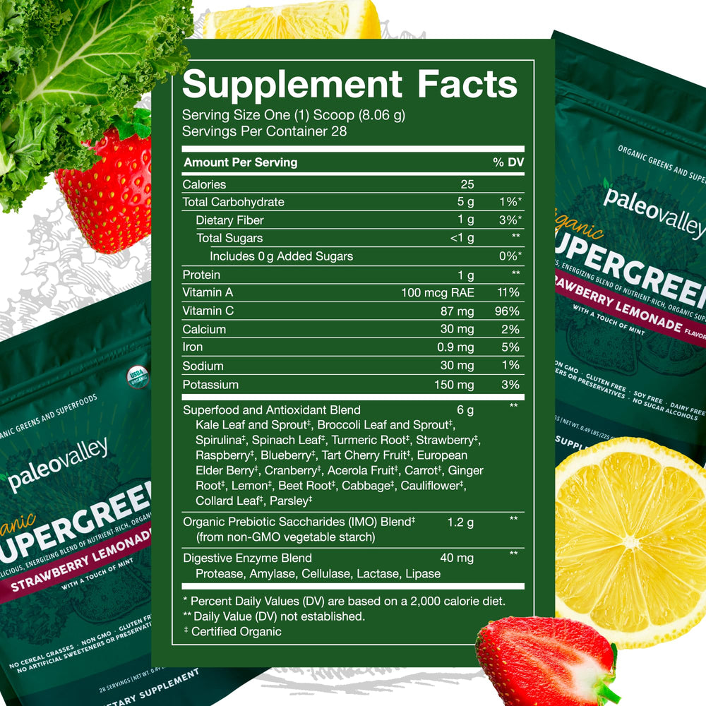 Paleovalley Organic Supergreens bottle pour demonstrates quick, tasty smoothies with immune-supporting greens.