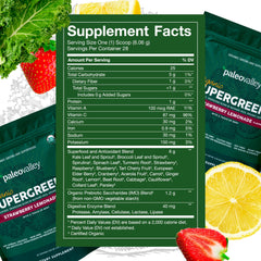 Paleovalley Organic Supergreens bottle pour demonstrates quick, tasty smoothies with immune-supporting greens.
