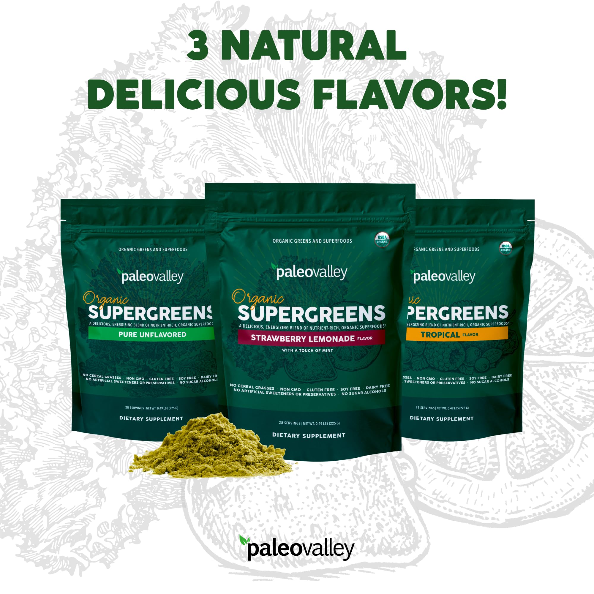 Paleovalley Organic Supergreens family-table setting suggests a kid-friendly greens option.