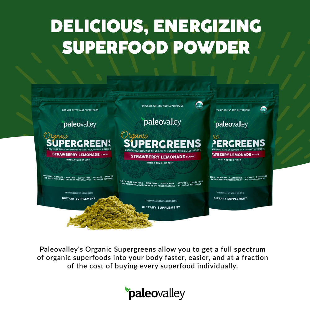 Paleovalley Organic Supergreens glass mixed highlights easy-to-absorb nutrition in every sip.