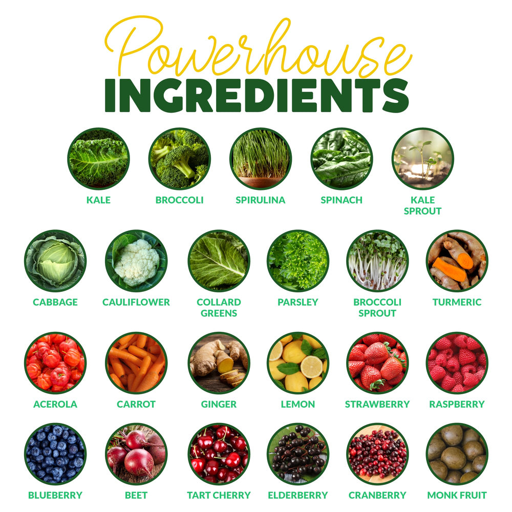 Paleovalley Organic Supergreens ingredients-bowl spotlights 23 organic raw superfoods for variety.