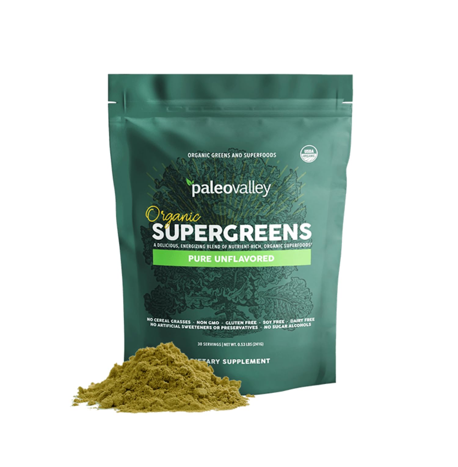 Paleovalley Organic Supergreens pour into a glass for a refreshing energy boost.