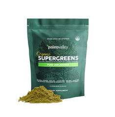 Paleovalley Organic Supergreens pour into a glass for a refreshing energy boost.