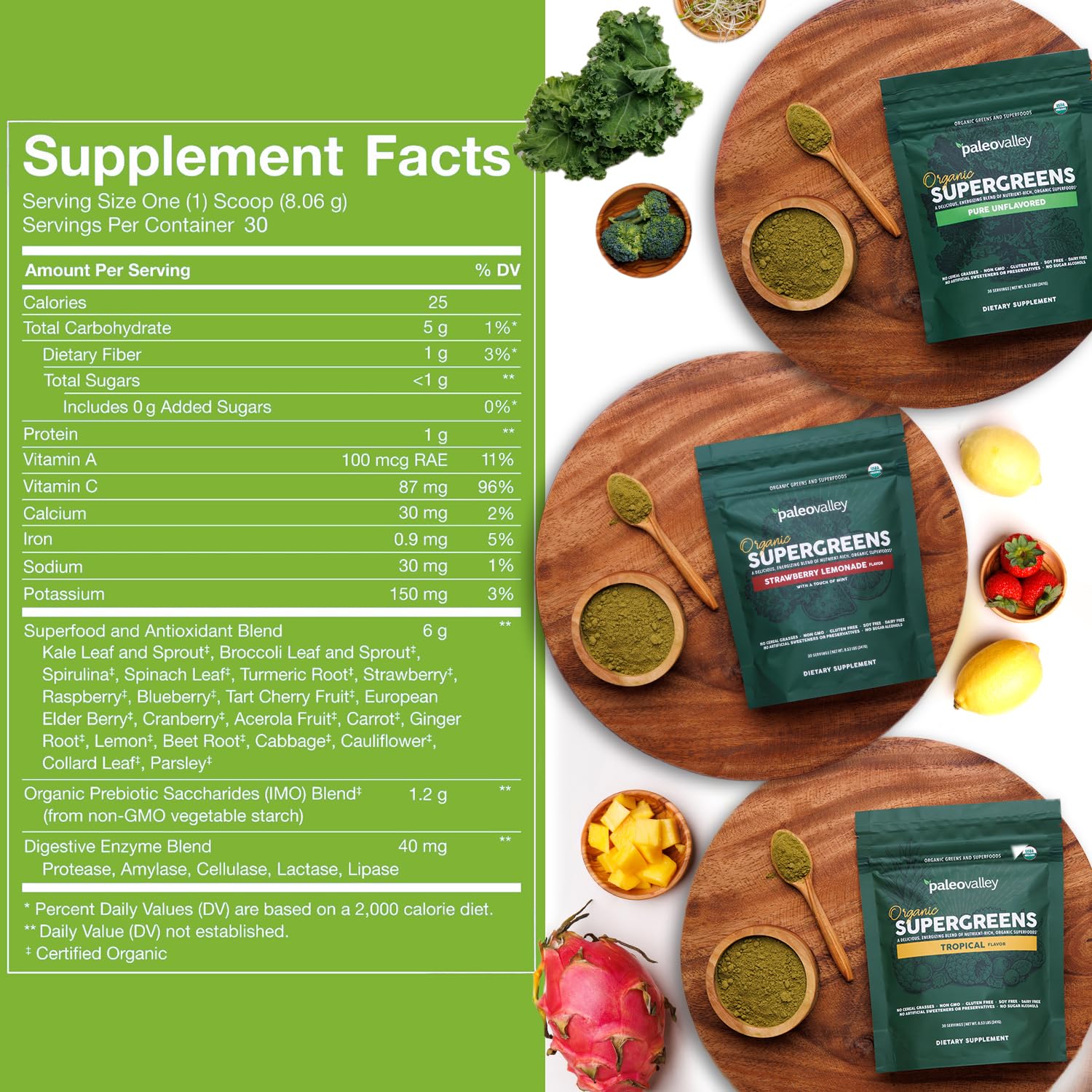 Paleovalley Organic Supergreens taste test in a glass shows kid-friendly nutrition.