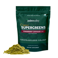 Paleovalley Organic Supergreens tub front shows nutrient-dense greens for daily energy.