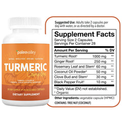 Paleovalley Turmeric Complex capsules ready for easy daily supplementation.