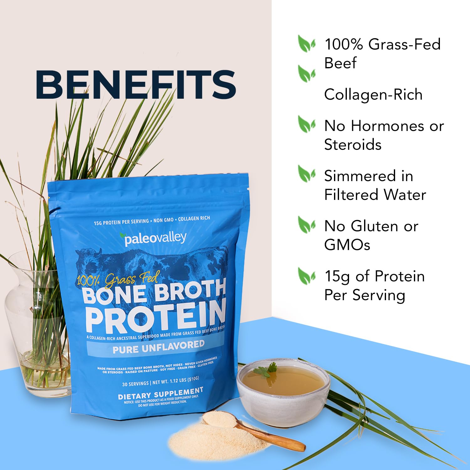 Paleovalley smoothie with bone broth powder, easy protein addition