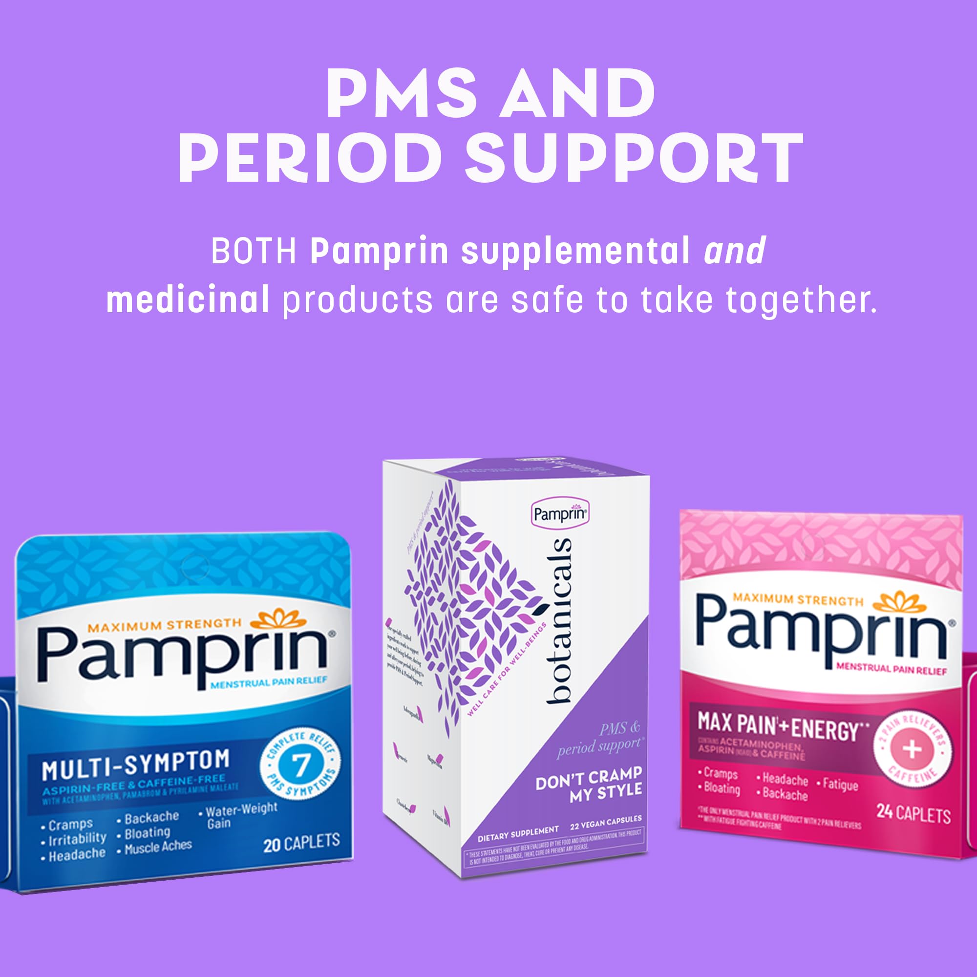 Vegan Pamprin Botanicals capsules highlighting cruelty-free, non-GMO formula
