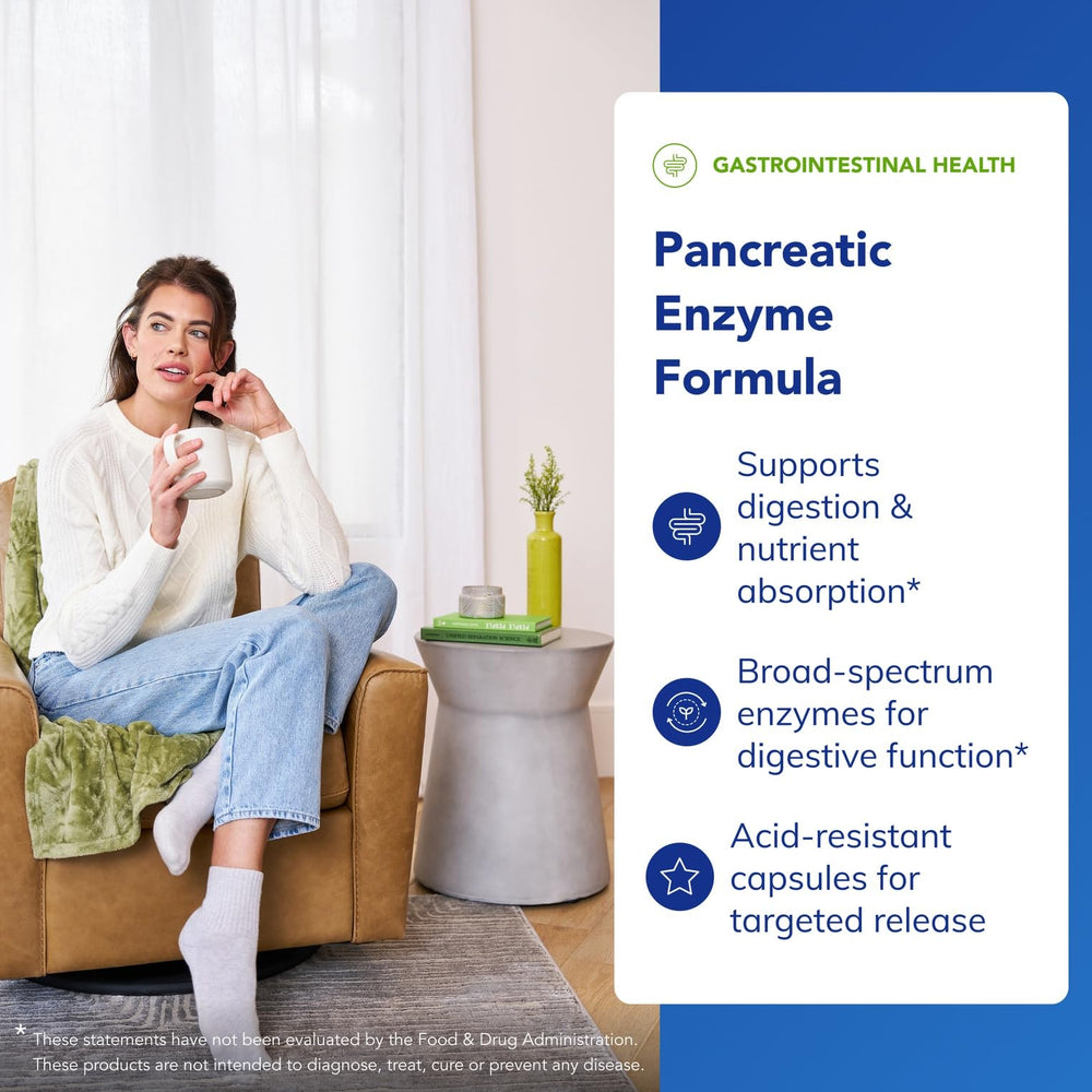 Pancreatic Enzyme Formula label packaging emphasizes gluten-free and non-GMO.