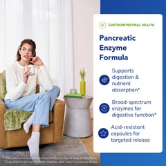 Pancreatic Enzyme Formula label packaging emphasizes gluten-free and non-GMO.