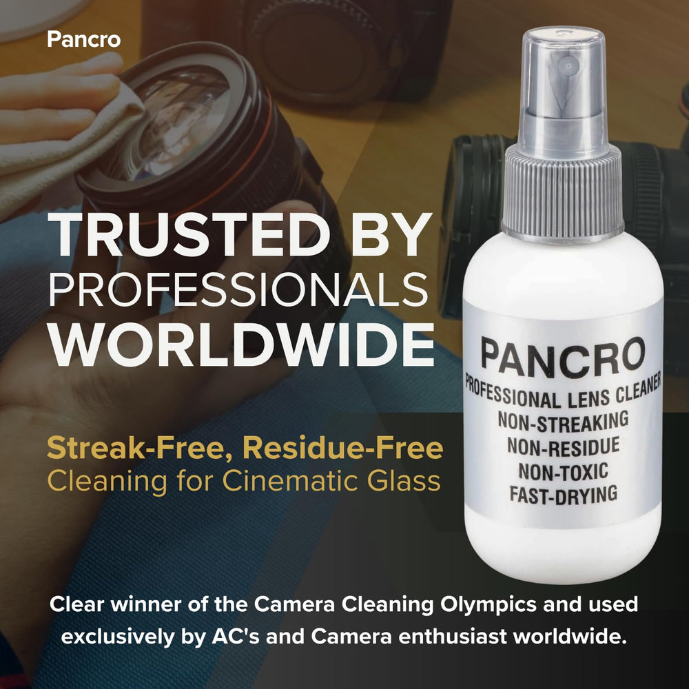 Pancro lens cleaner spray on glass surface for streak-free clarity