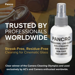 Pancro lens cleaner spray on glass surface for streak-free clarity