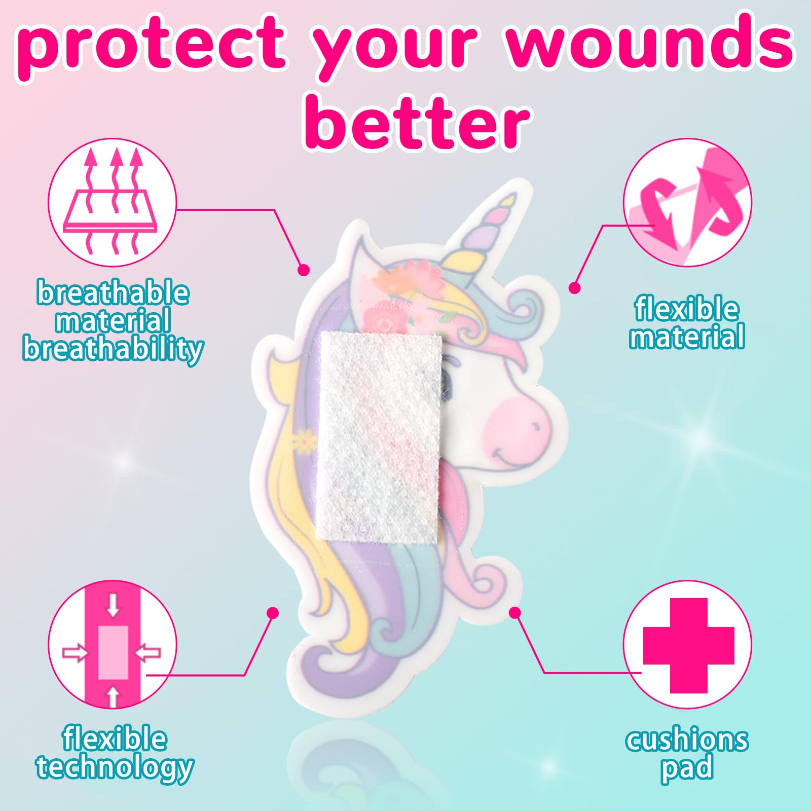 Panelee cartoon unicorn bandages featuring detailed colorful patterns