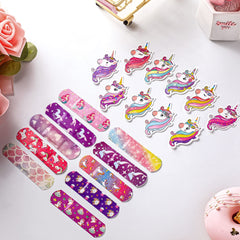 Panelee unicorn-pattern bandages in multiple shapes for small injuries.