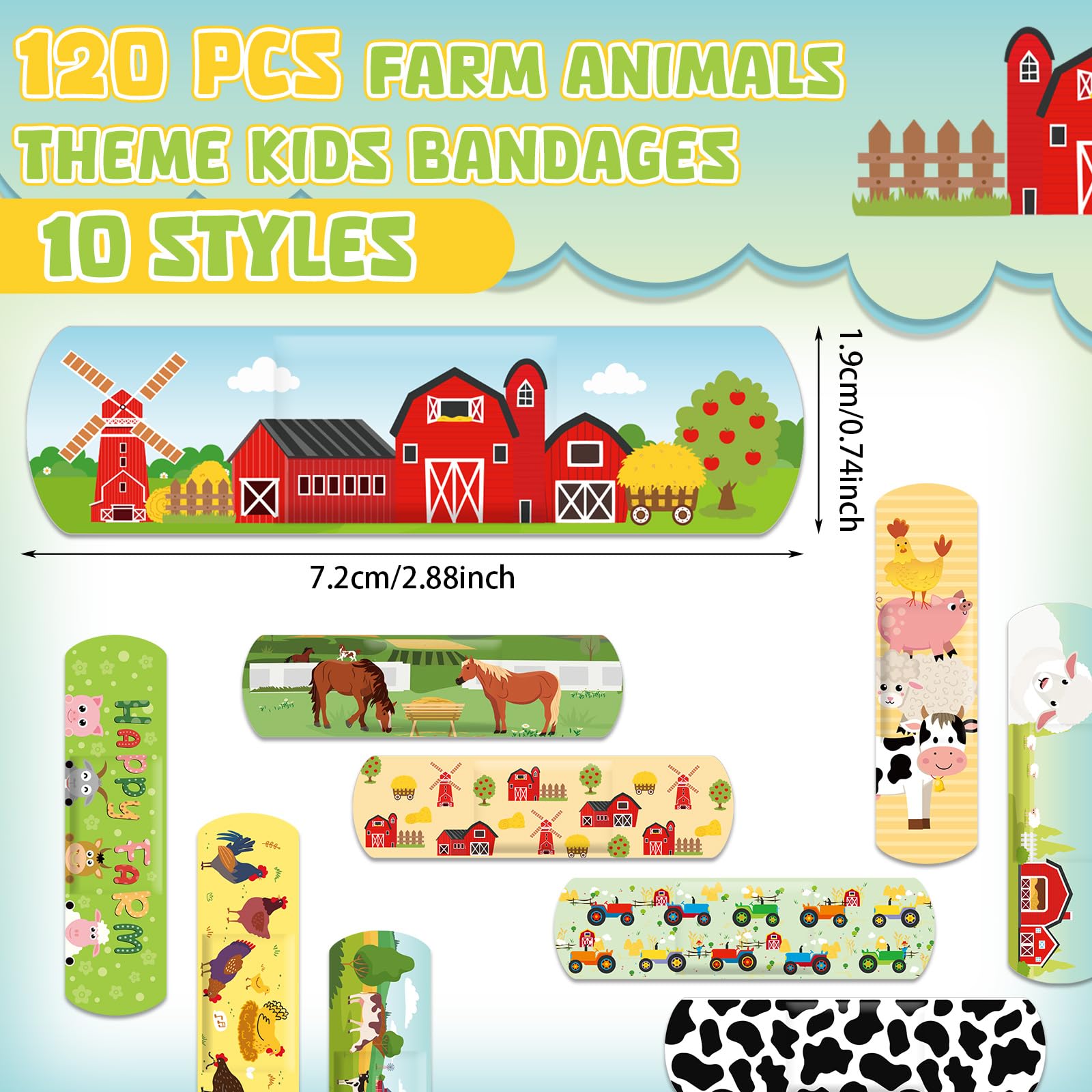 Vendajes Panelee con patrones de granja brillantes para estimular juego y cuidado.