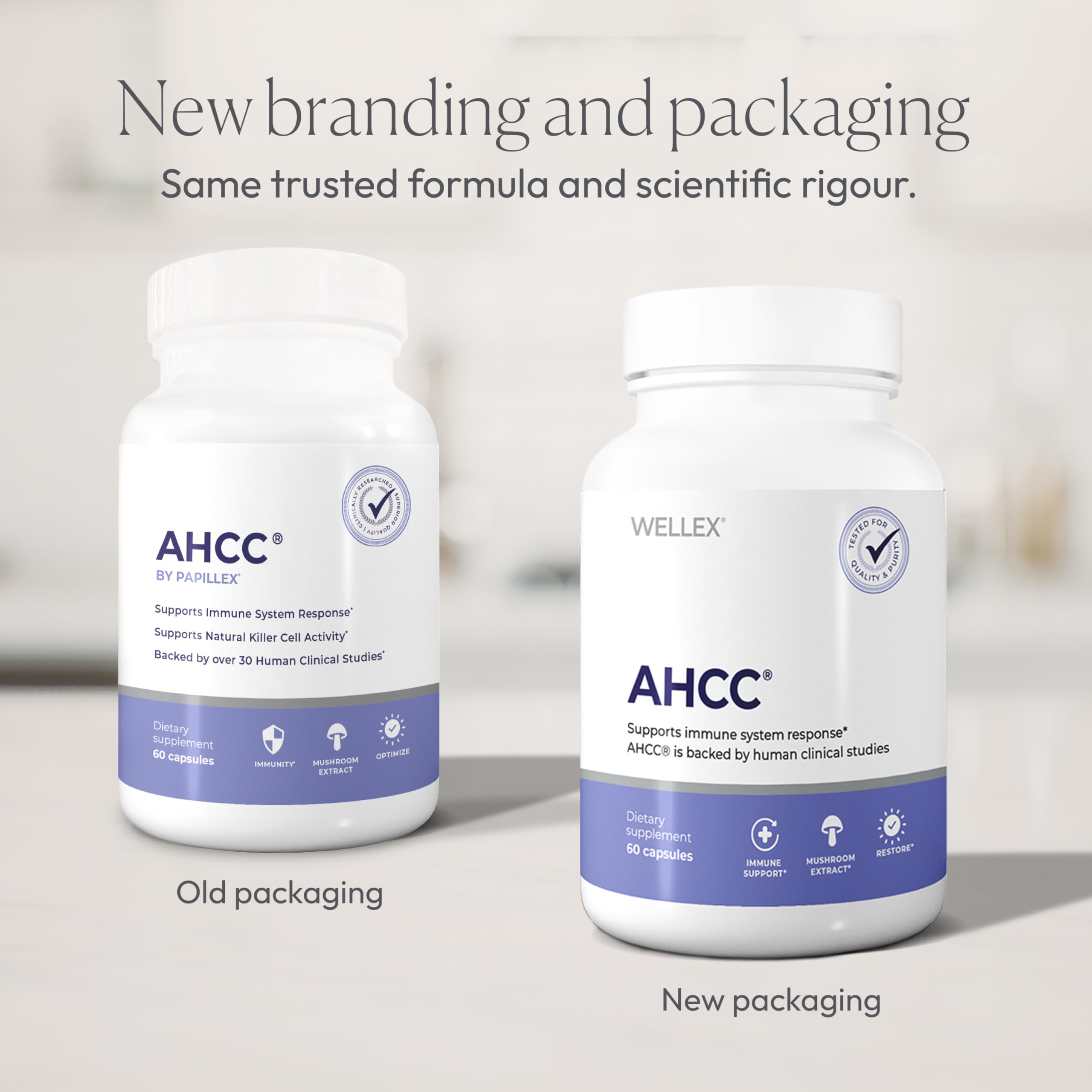 Papillex AHCC capsules close-up emphasizes a pure, filler-free formulation for daily use.
