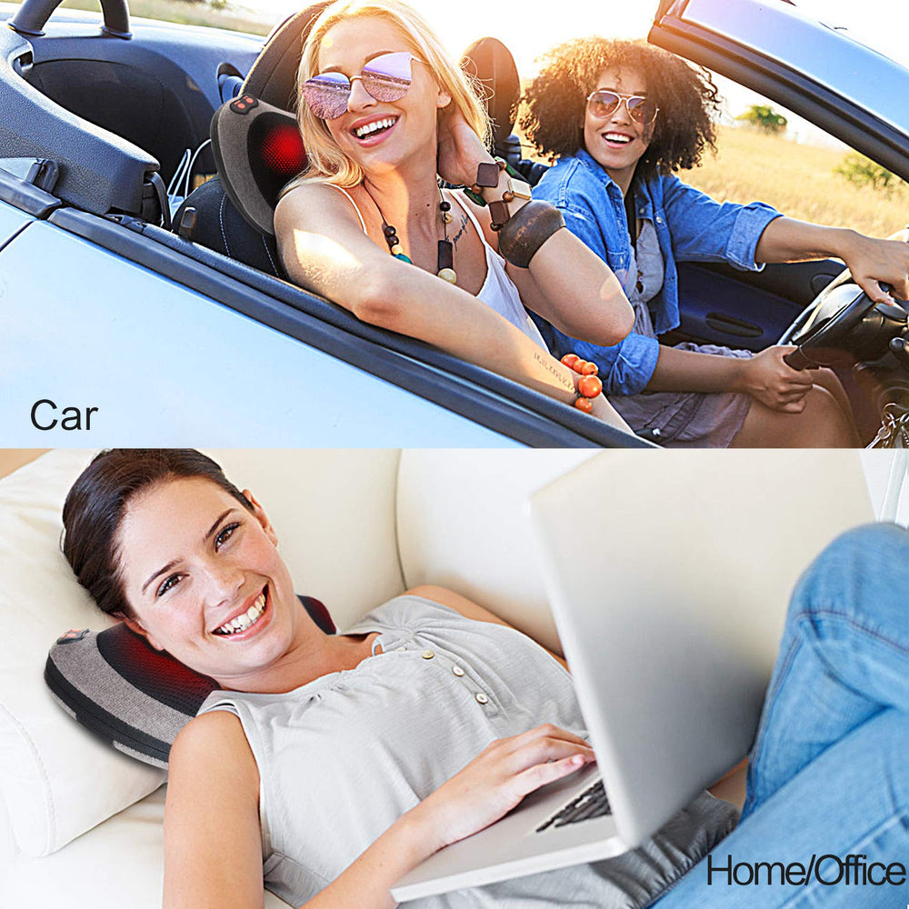 Papillon massager in car using 12V adapter for on-the-go relief.