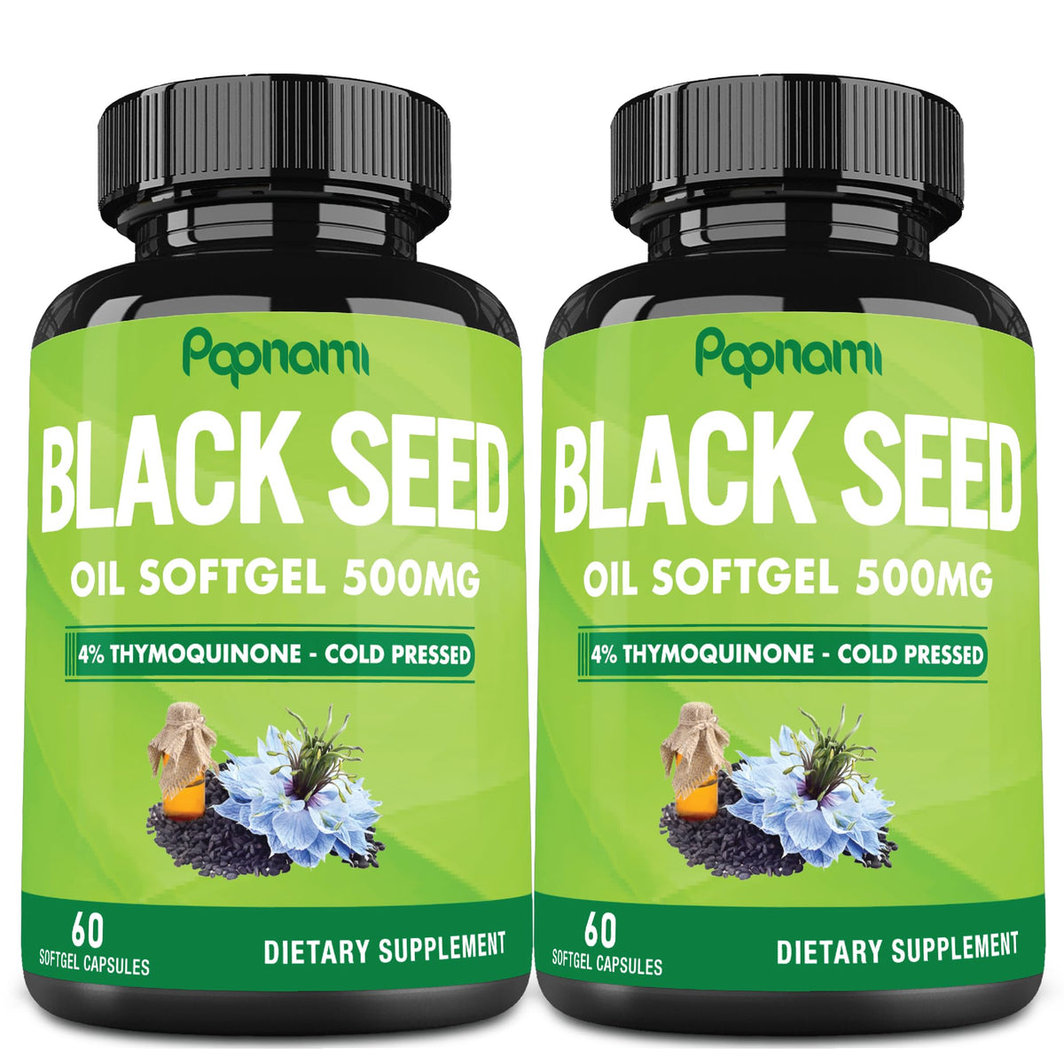 Papnami Premium Black Seed Oil softgel bottle closeup for daily immune support.