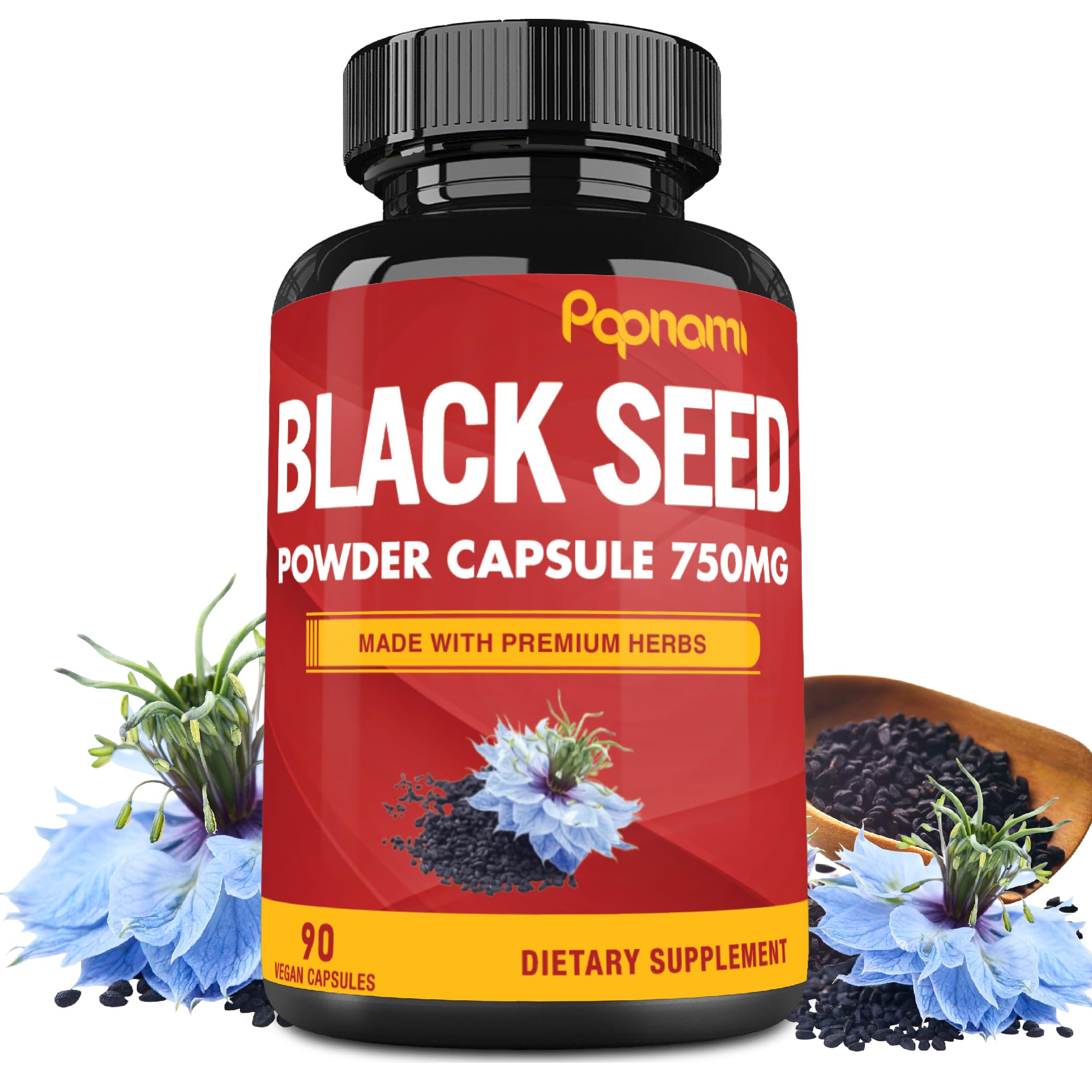 Papnami Pure Black Seed Powder Capsules bottle shows the 750mg daily wellness formula.