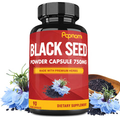 Papnami Pure Black Seed Powder Capsules bottle shows the 750mg daily wellness formula.