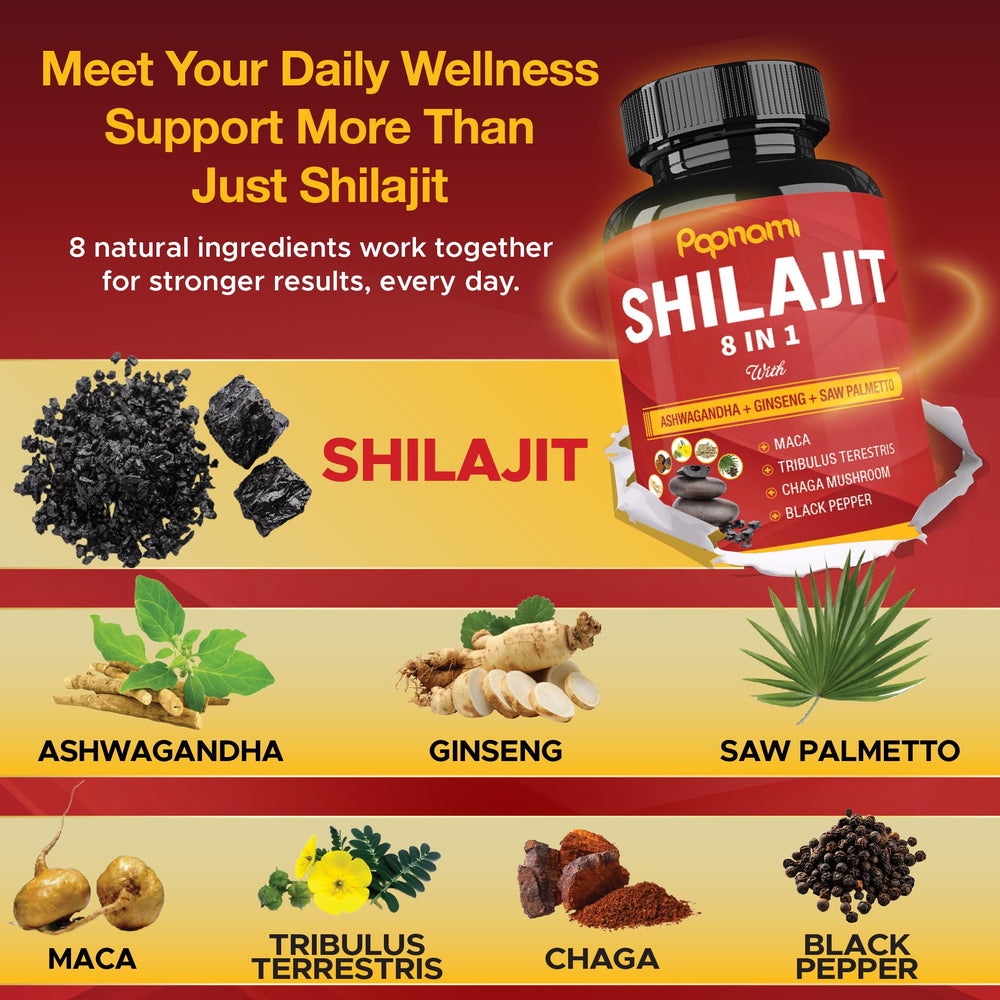 Papnami Shilajit Himalayan ingredients: Ashwagandha and Ginseng support holistic wellness.