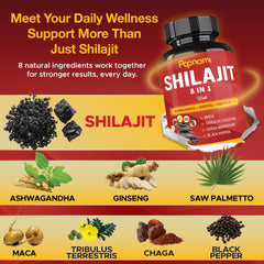 Papnami Shilajit Himalayan ingredients: Ashwagandha and Ginseng support holistic wellness.