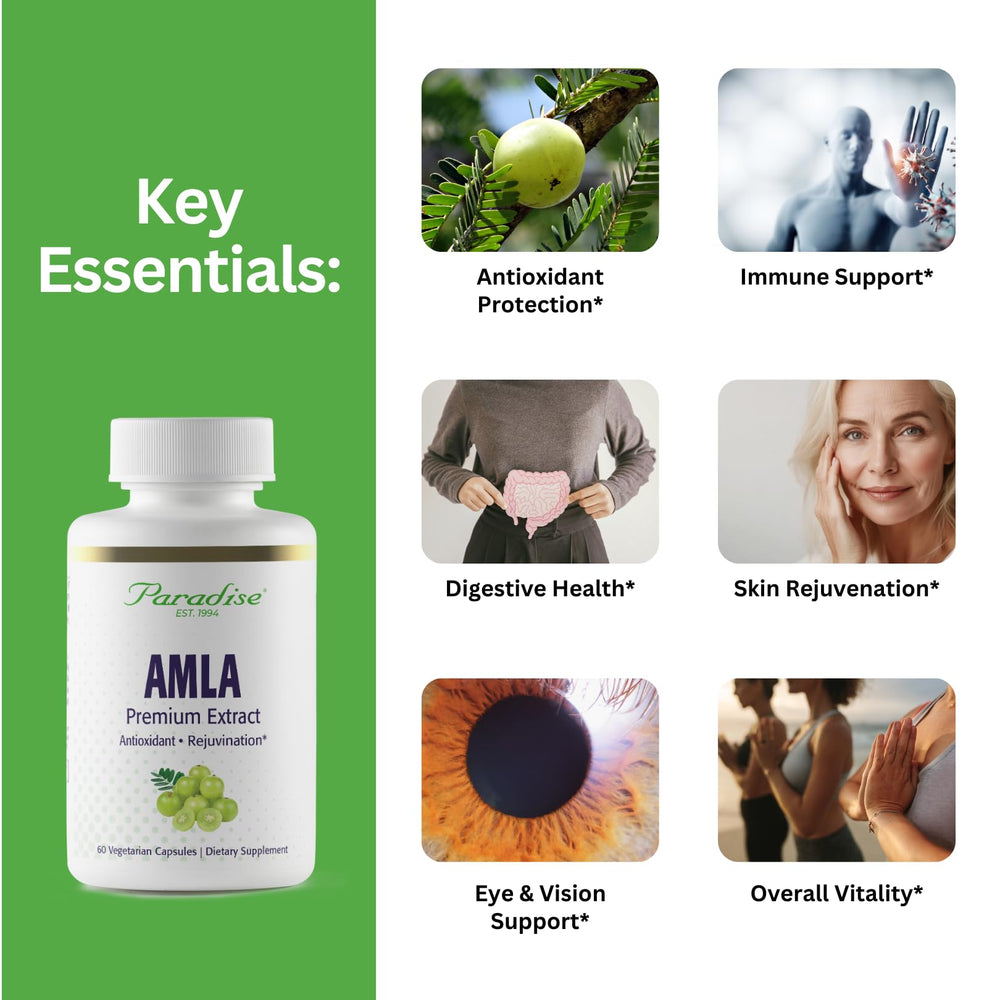 Paradise Herbs Amla capsules close-up highlighting organic fruit extract.