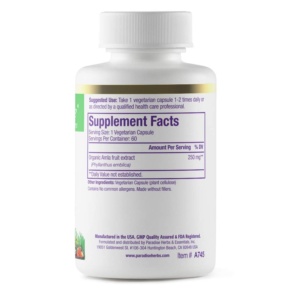 Paradise Herbs Amla daily-use scene with capsules and water glass.