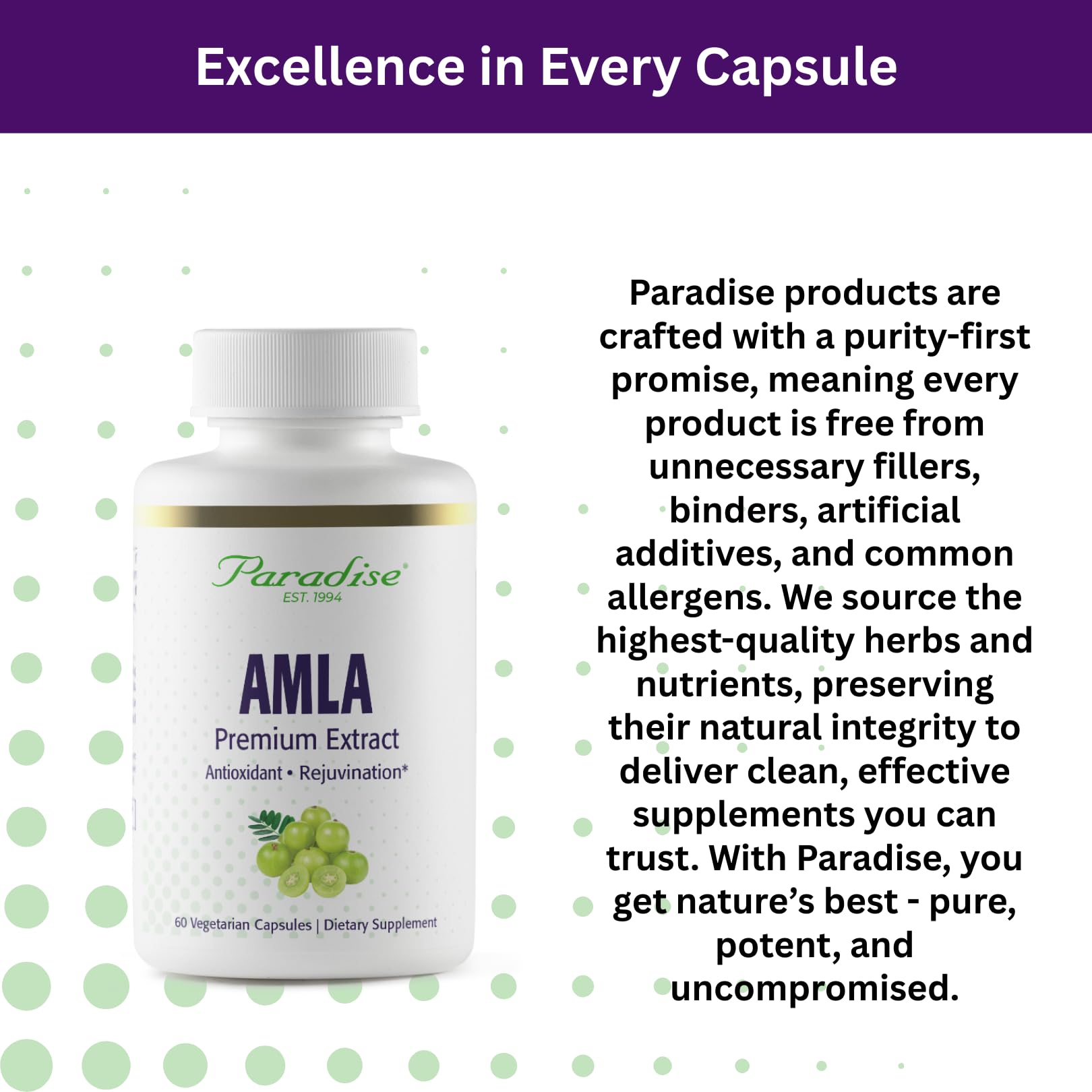 Paradise Herbs Amla bottle emphasizes clean formulation with no fillers.