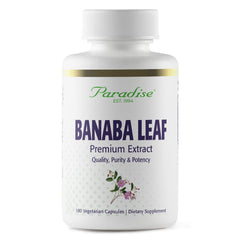 Paradise Herbs Banaba Leaf 12:1 extract bottle for easy daily supplementation.