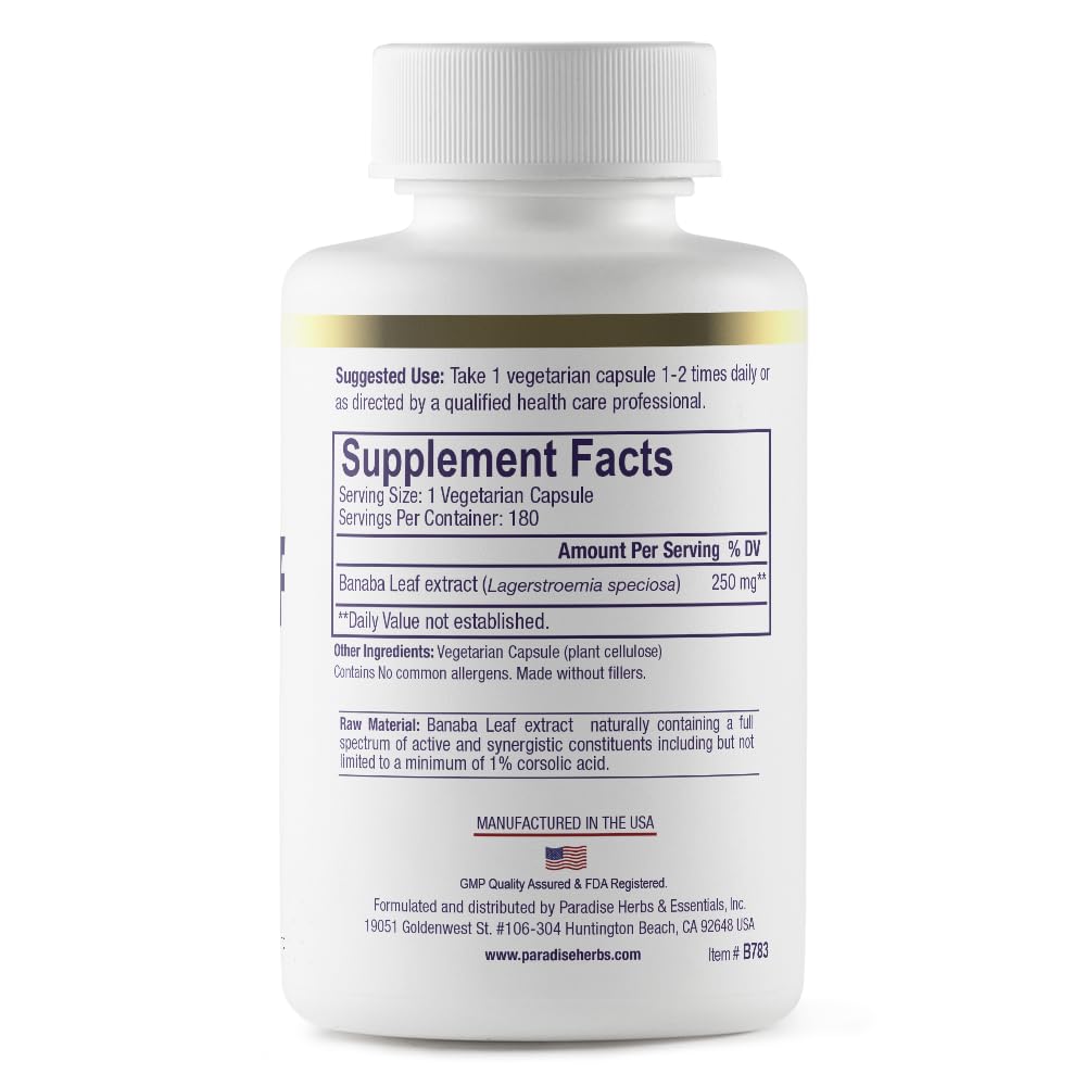 Paradise Herbs Banaba Leaf 12:1 extract capsule rack for easy dosing.