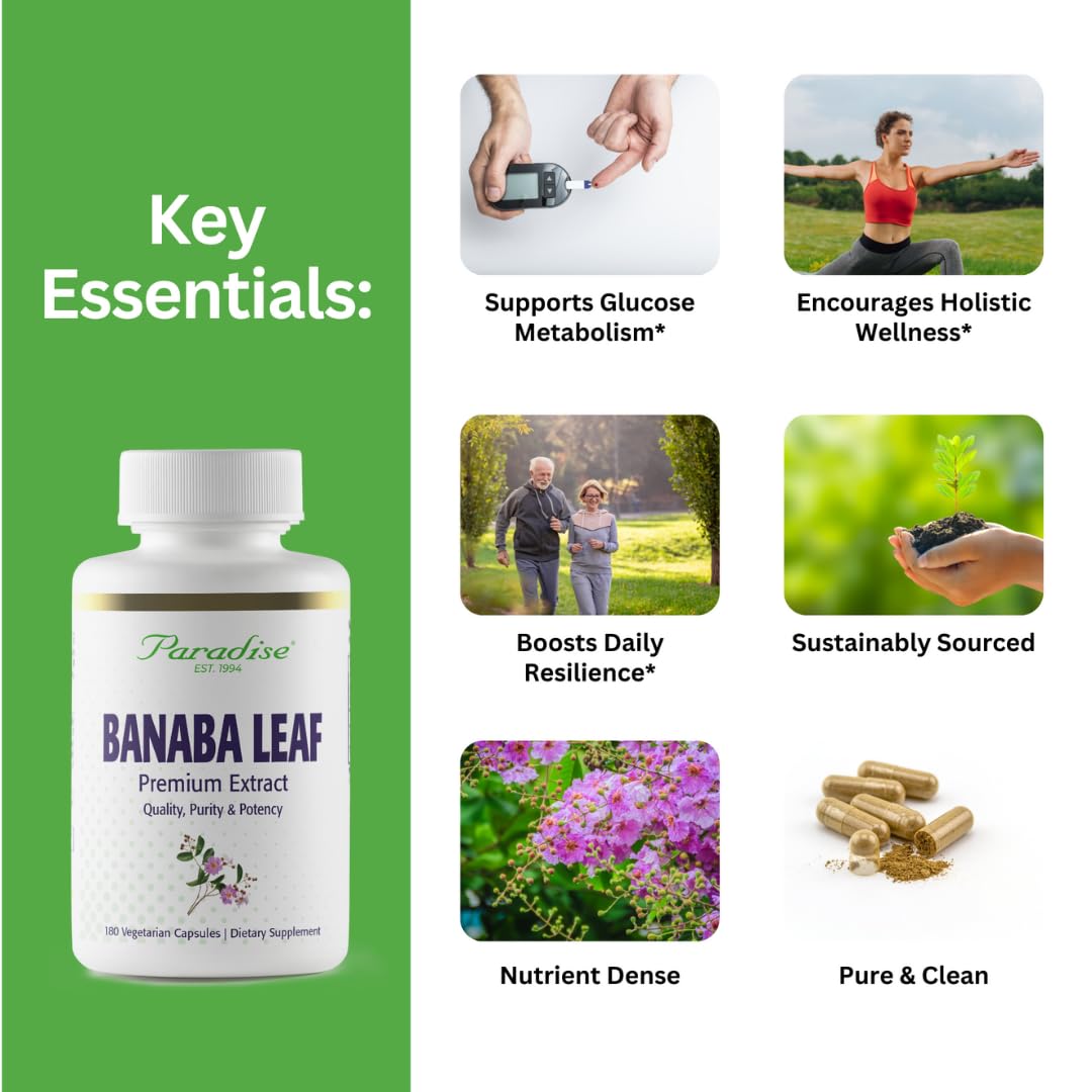 Paradise Herbs Banaba Leaf 12:1 extract capsules ready for daily use.