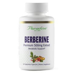 Paradise Herbs Berberine extract bottle showing vegan 500 mg formula for wellness.