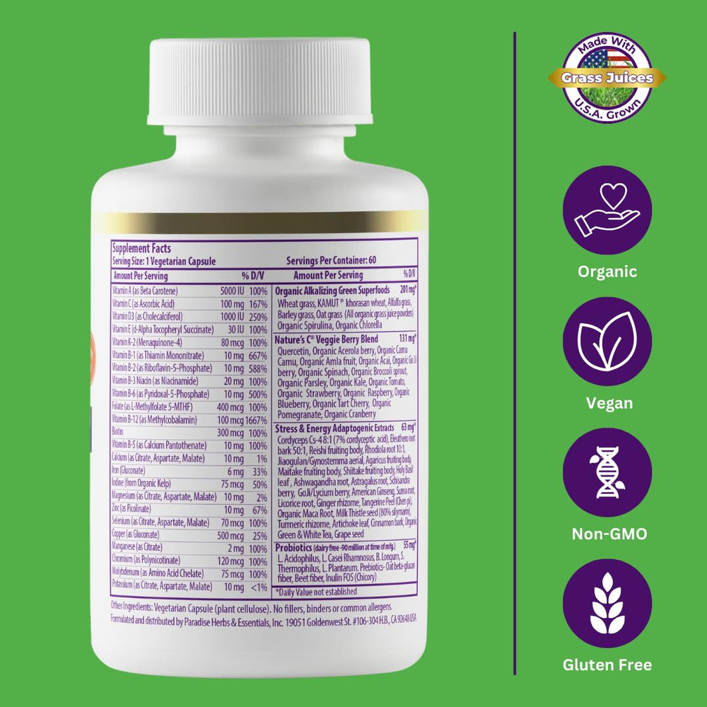 Paradise Herbs Earth's Blend capsules on table for daily intake