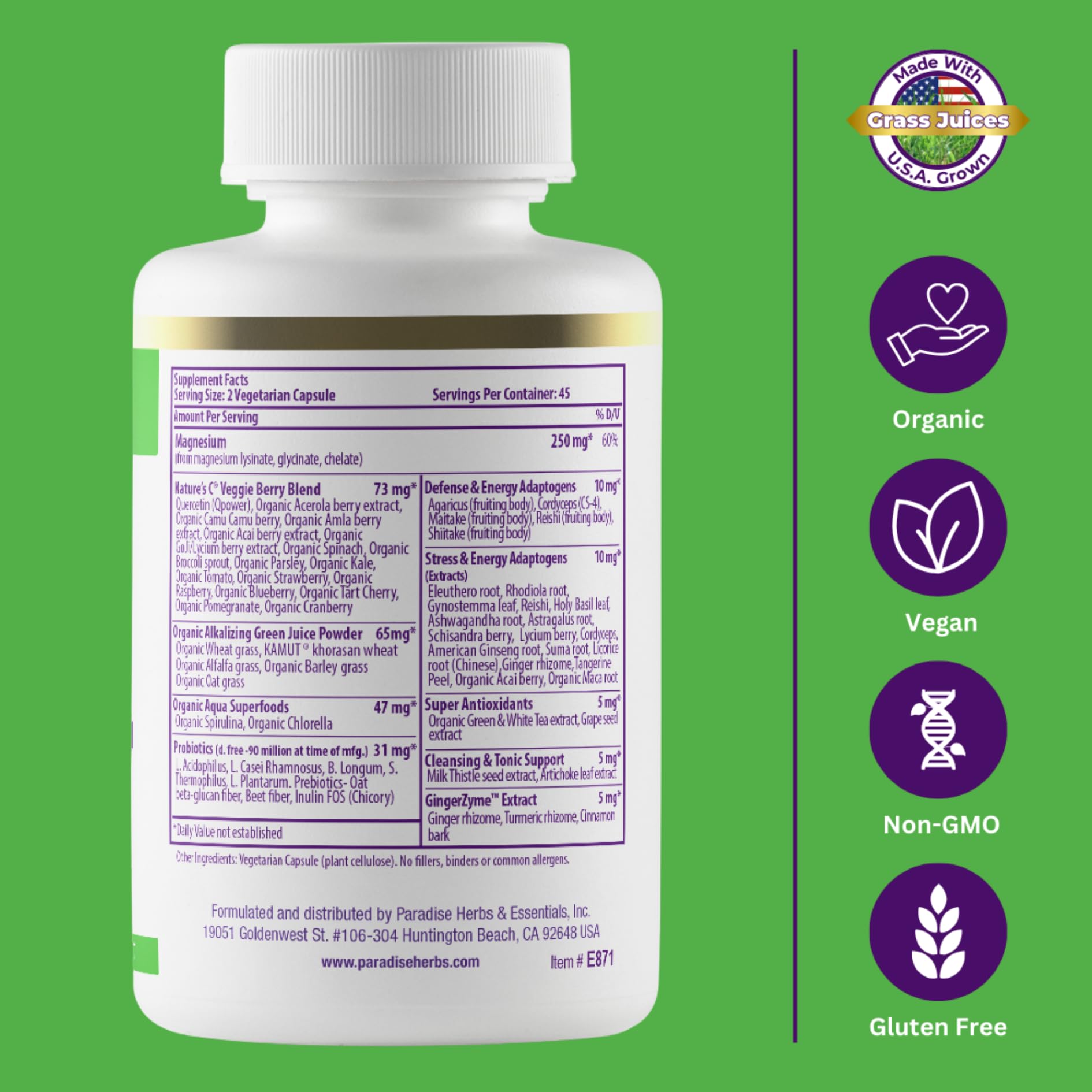 Paradise Herbs Earth's Blend Magnesium packaging highlighting vegan, non-GMO, gluten-free qualities