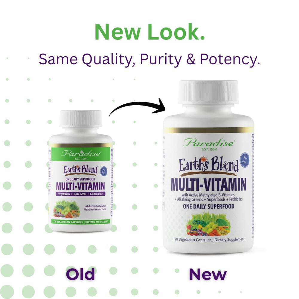 Paradise Herbs Earth's Blend bottle on table highlights non-GMO and gluten-free