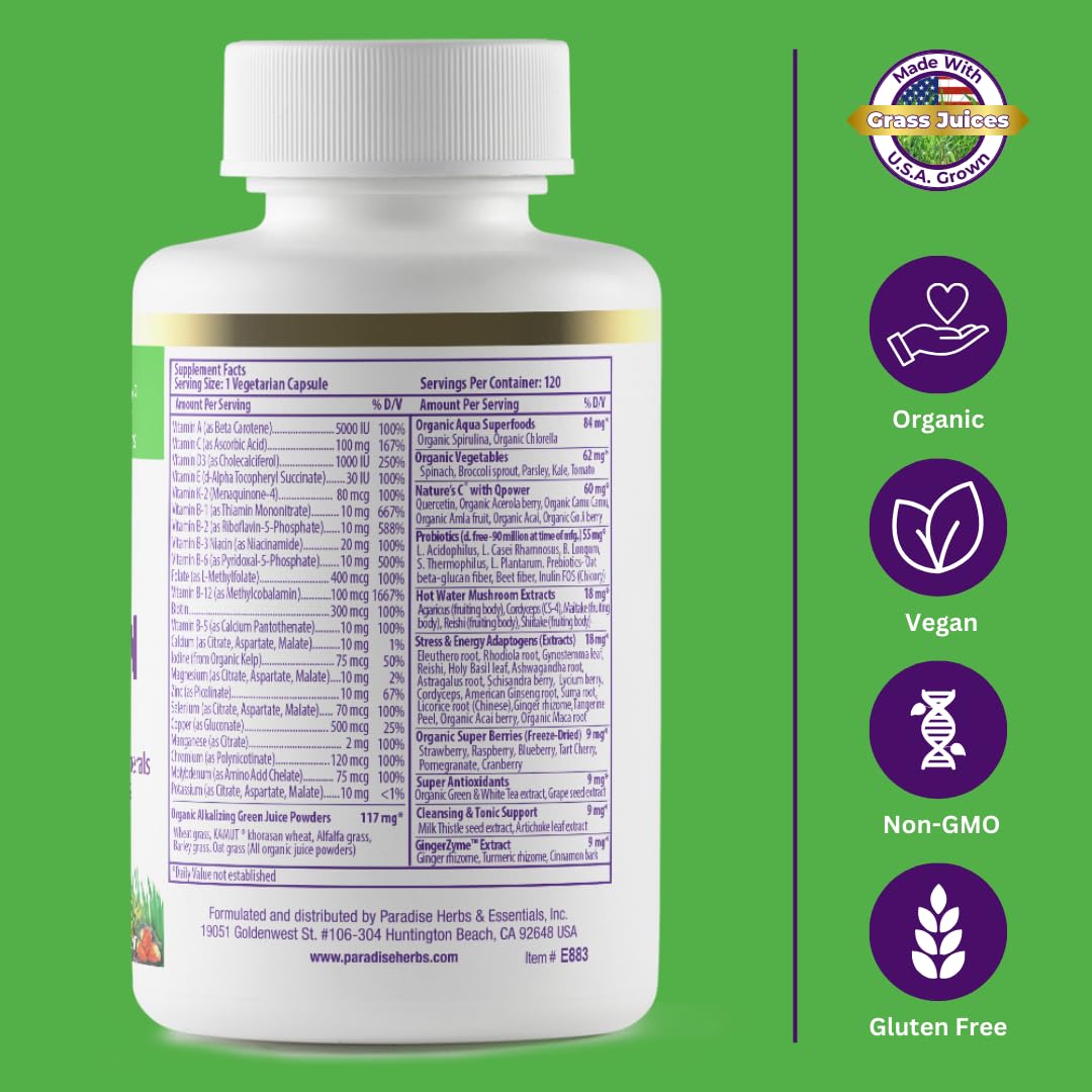Earth's Blend label detail shows 48 organic superfoods and probiotics