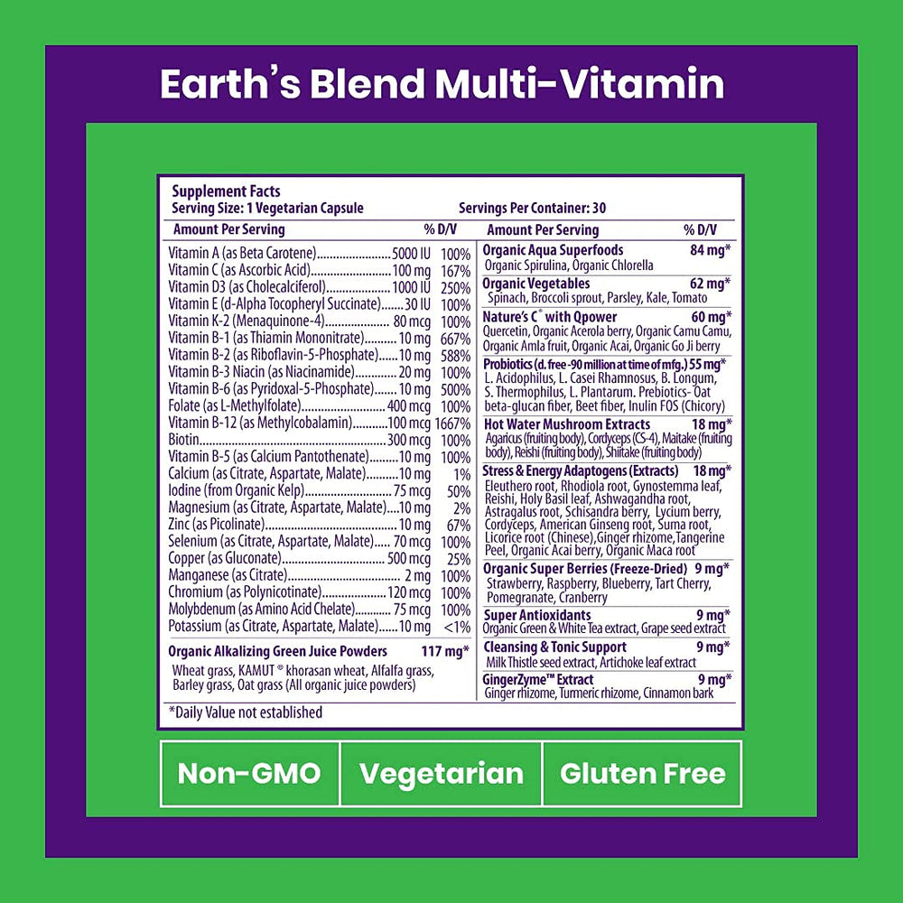 Paradise Herbs Earth's Blend superfoods-ingredient image showcasing organic fruits and vegetables.