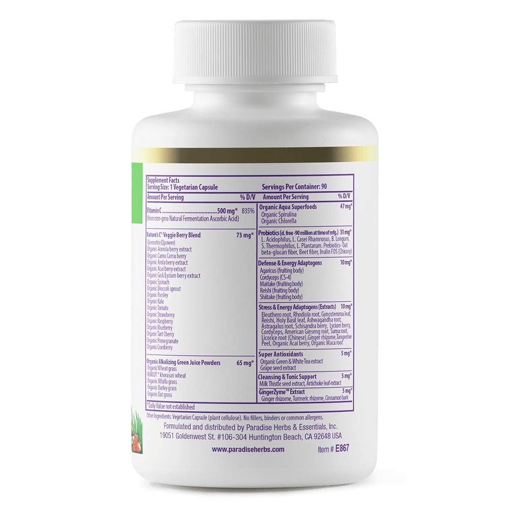 Paradise Herbs Earth's Blend Vitamin C capsules close-up for easy daily intake.