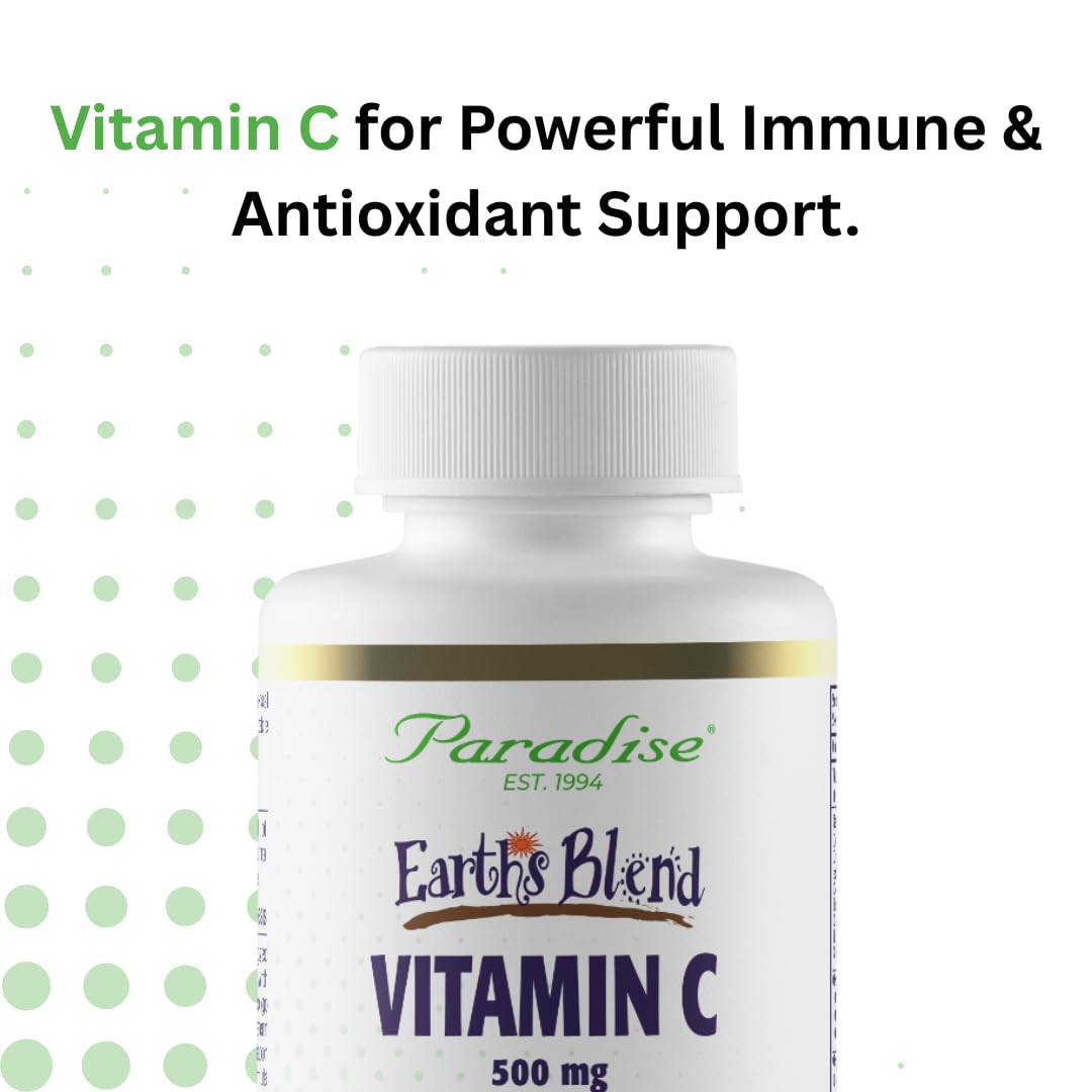 Paradise Herbs Earth's Blend Vitamin C product label suggests organic, wild-crafted ingredients.
