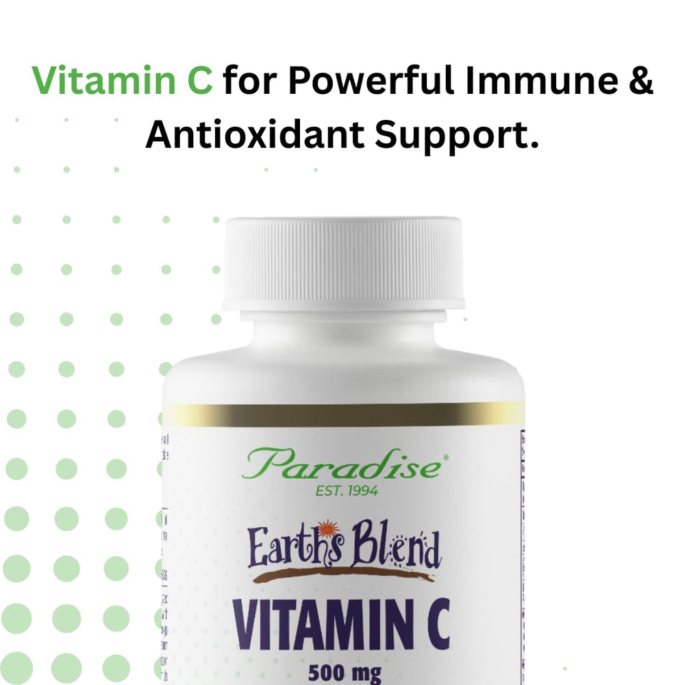 Paradise Herbs Earth's Blend Vitamin C product label suggests organic, wild-crafted ingredients.