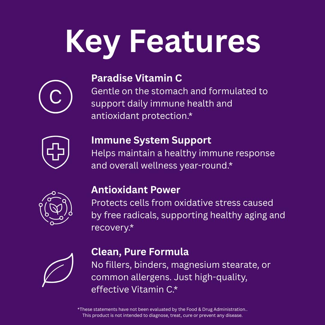 Paradise Herbs Earth's Blend Vitamin C label close-up emphasizes purity and ingredients.