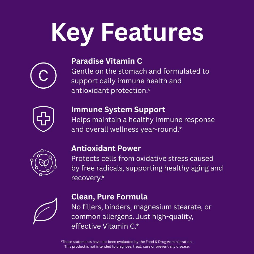 Paradise Herbs Earth's Blend Vitamin C label close-up emphasizes purity and ingredients.