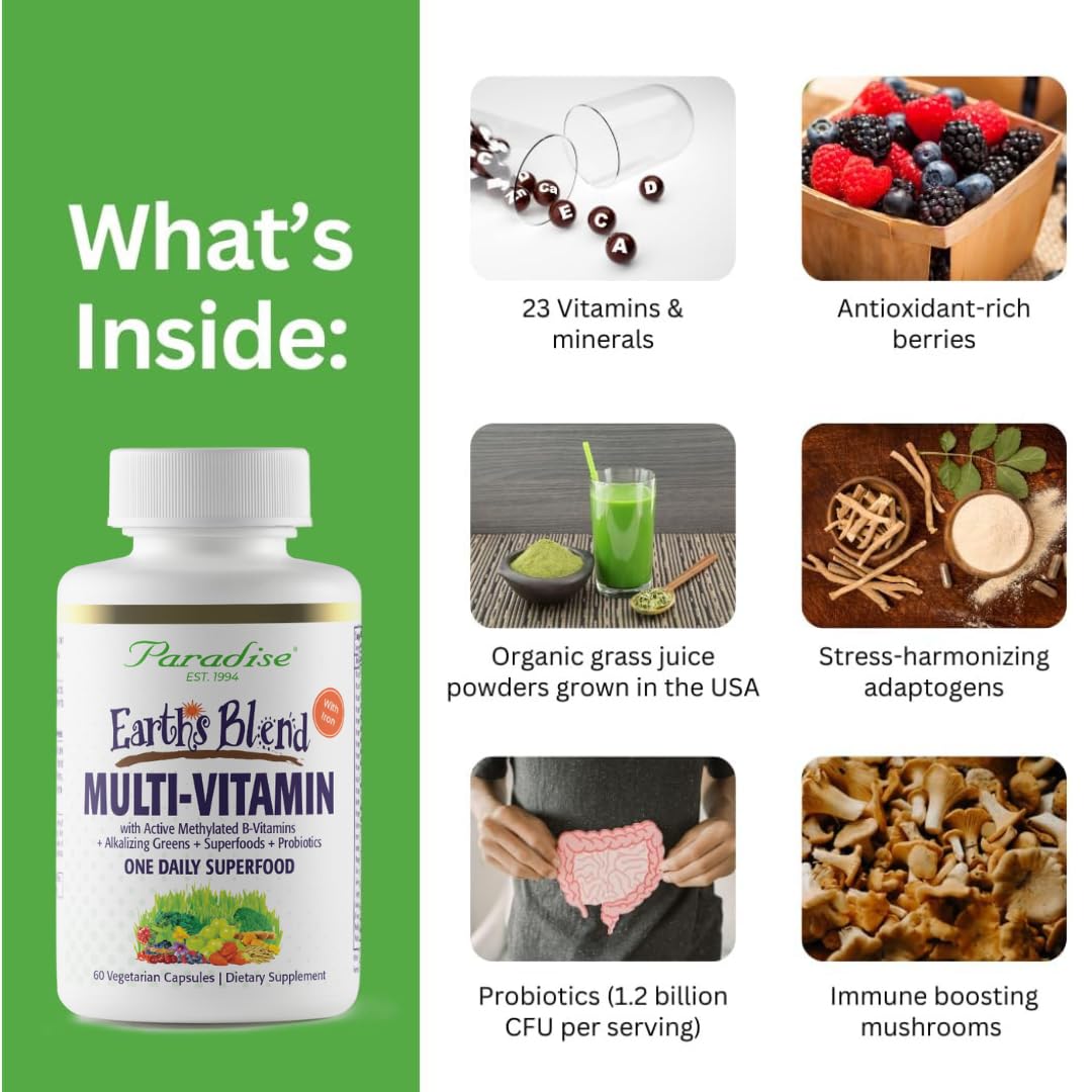 Paradise Herbs Earth's Blend Women's Multivitamin bottle side shows capsules and iron.