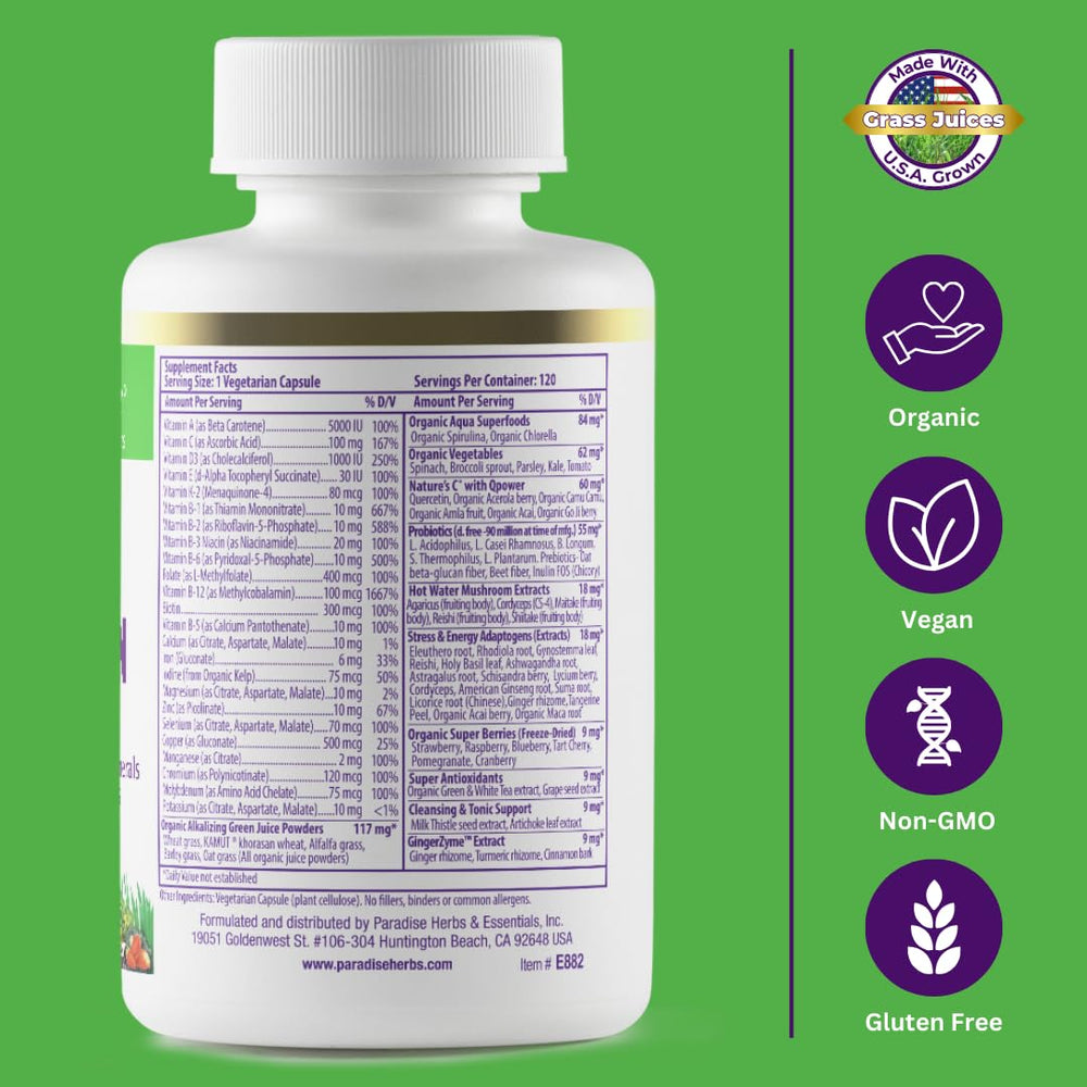 Paradise Herbs Earth's Blend probiotics bottle emphasizes gut-friendly support.