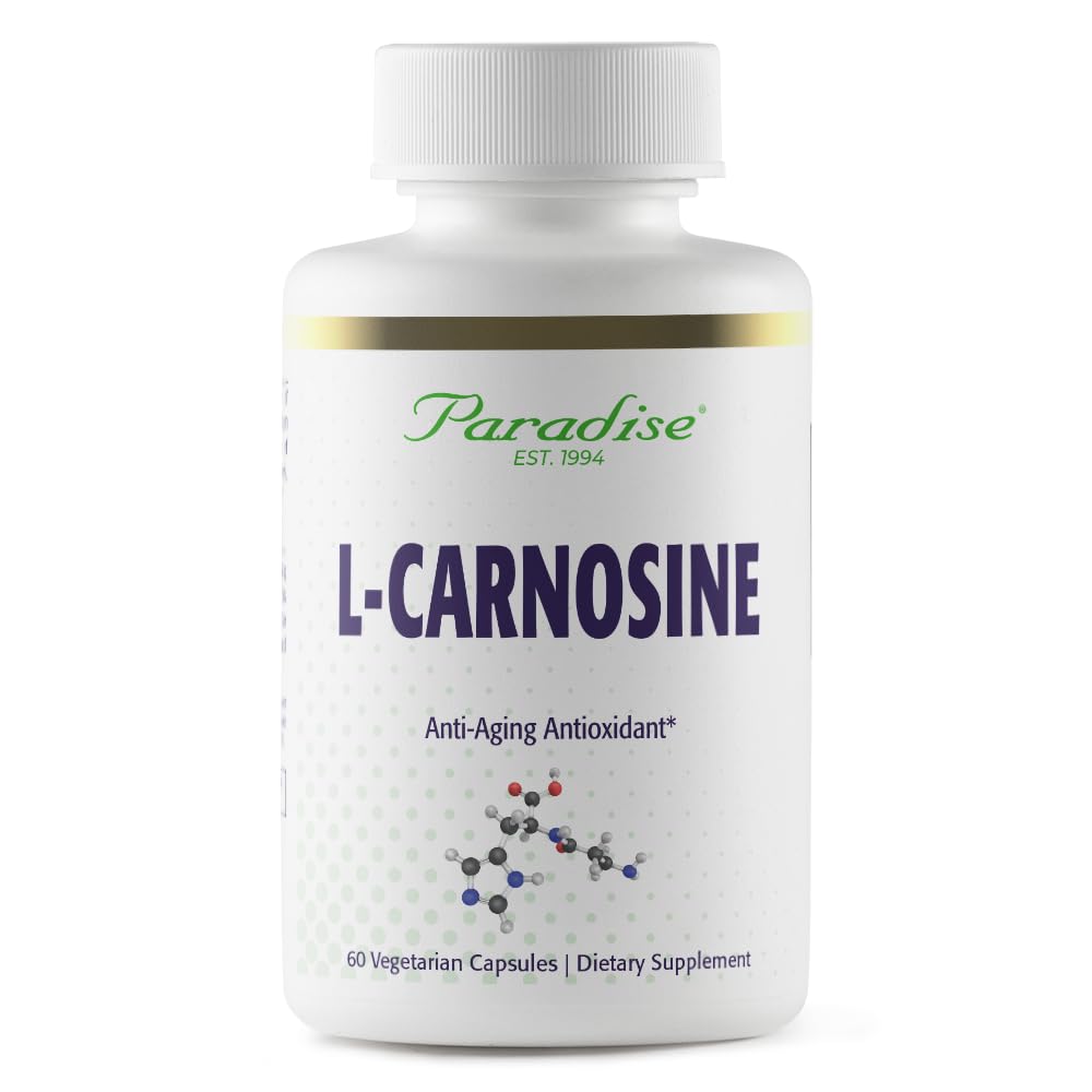 Paradise Herbs L-Carnosine bottle front with clear label and capsules for easy supplementation.