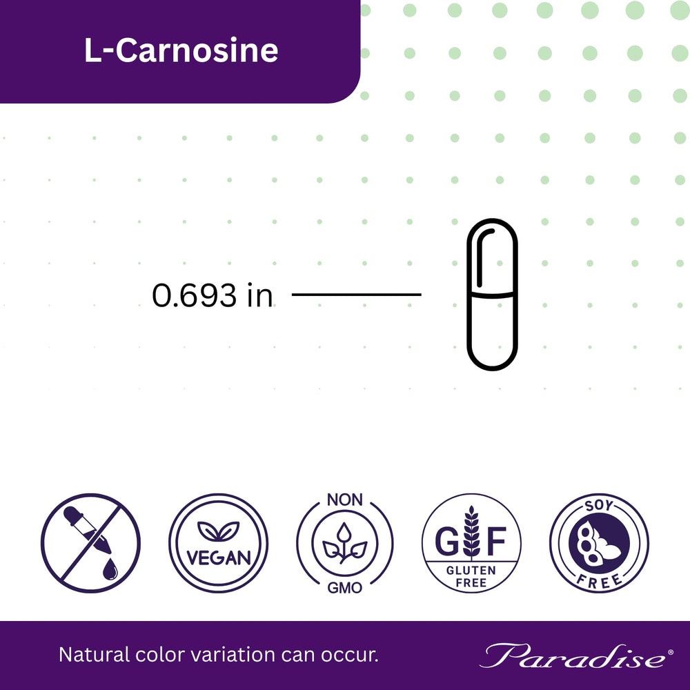 Side view of Paradise Herbs L-Carnosine bottle with dosage directions.