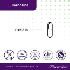 Side view of Paradise Herbs L-Carnosine bottle with dosage directions.