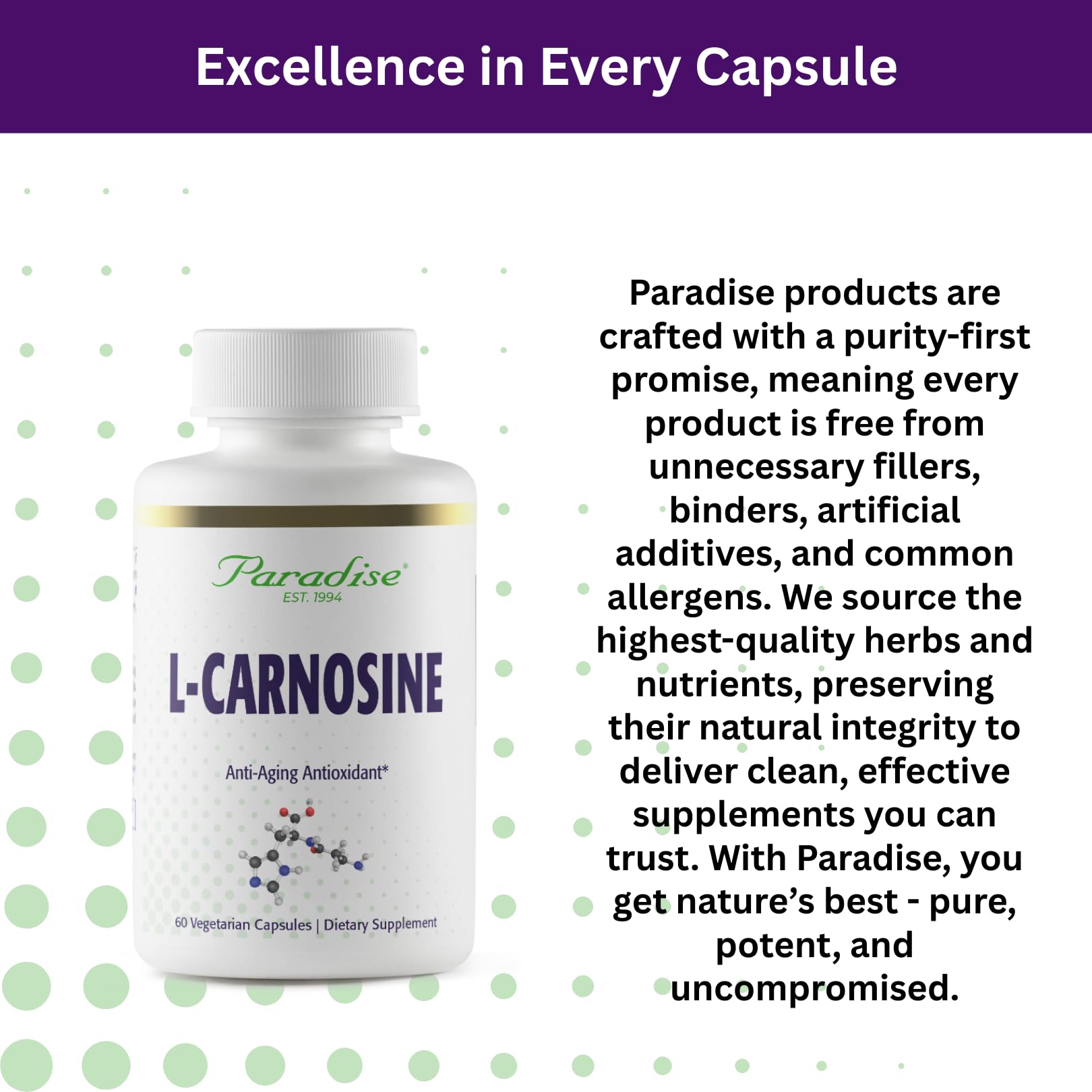 Glossy Paradise Herbs L-Carnosine vial emphasizing purity and vegan ingredients.